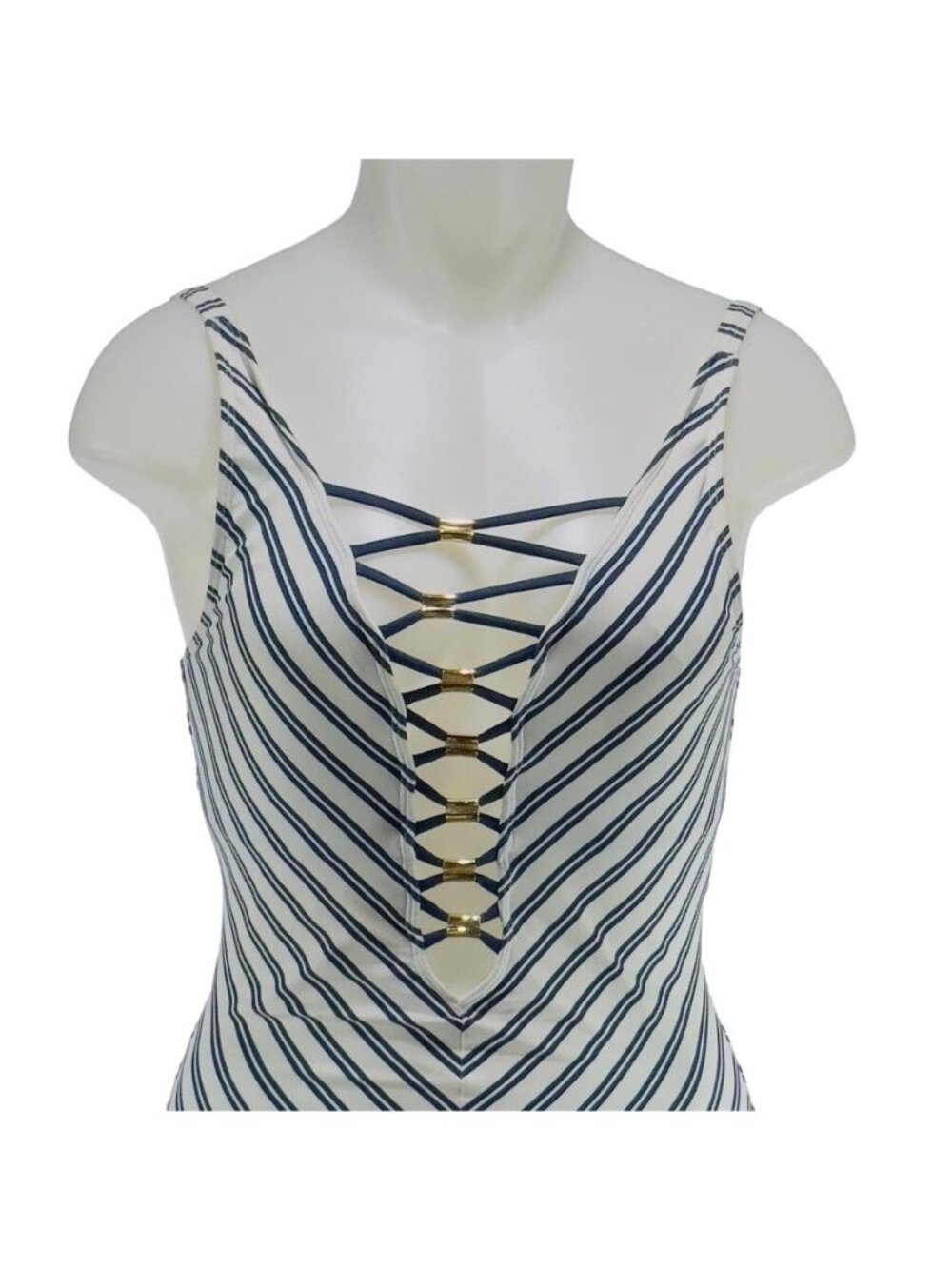 BLEU ROD BEATTIE Women's Swimsuit 1 Pc Striped Open Back Lace Up Size 4 - Picture 2 of 10